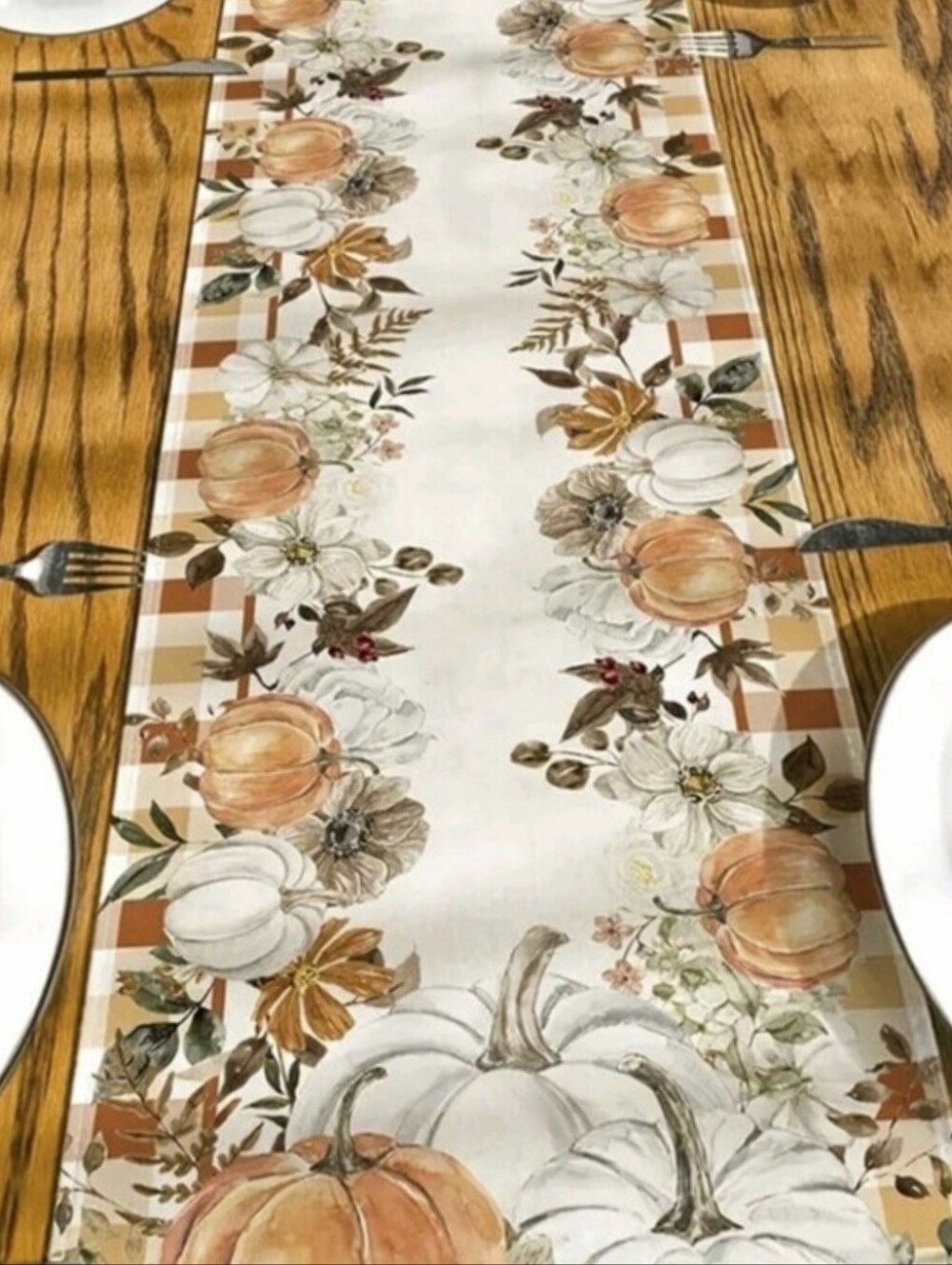 Table Runner - White & Orange Autumn Harvest Pumpkin Theme